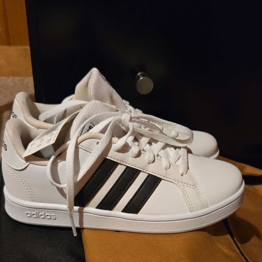 adidas Kids White Sneakers with Black Stripes